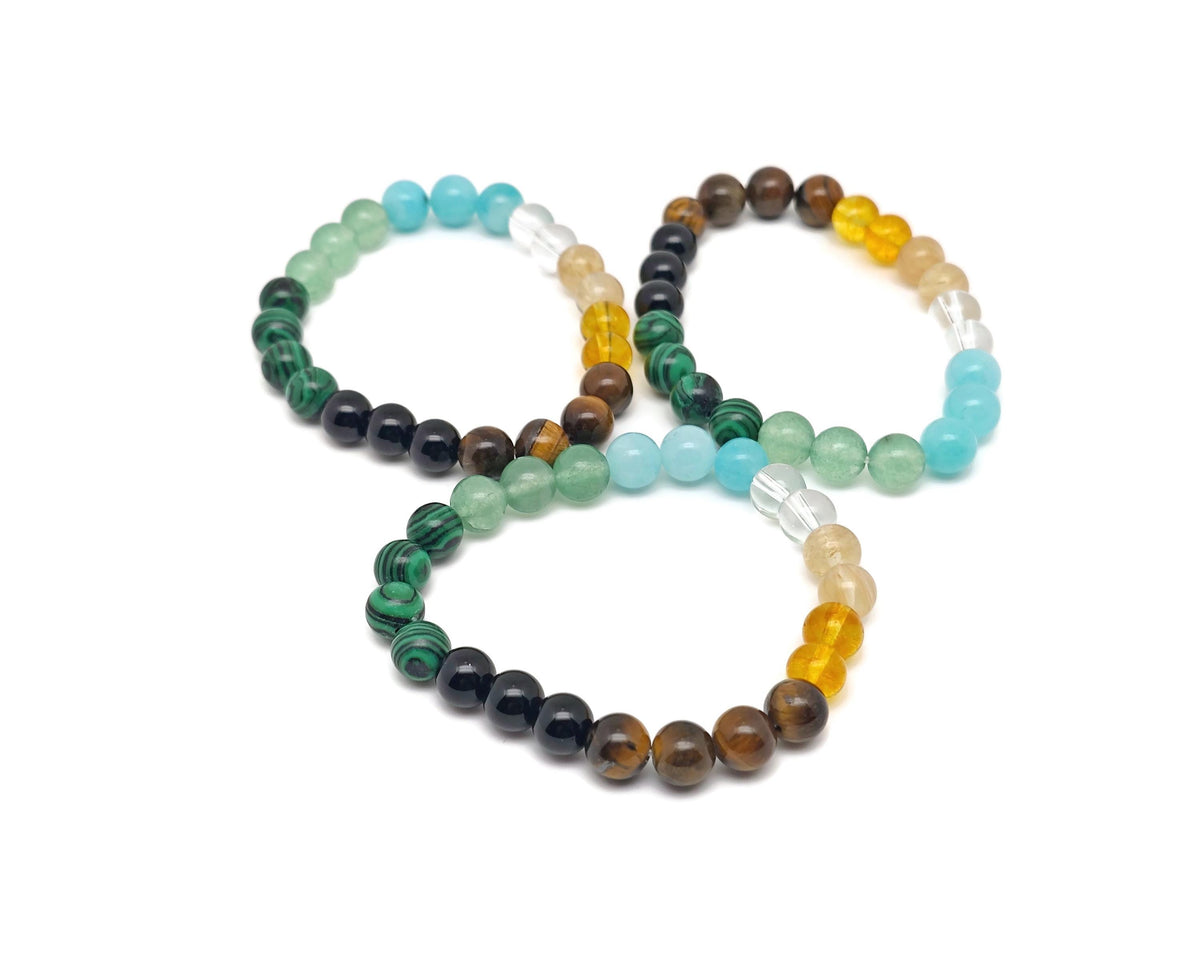 Handmade gemstone bracelet with colorful beads and a central money gemstone, designed for positive intentions and style.