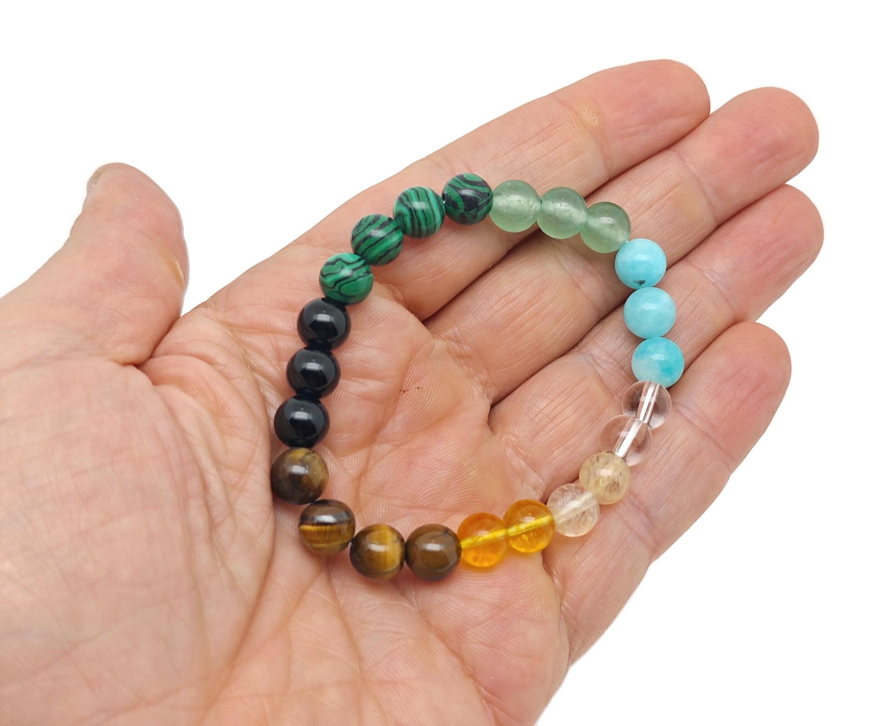 Handmade gemstone bracelet featuring colorful beads, designed for positive intentions and stylish wear by GemstoneGO.