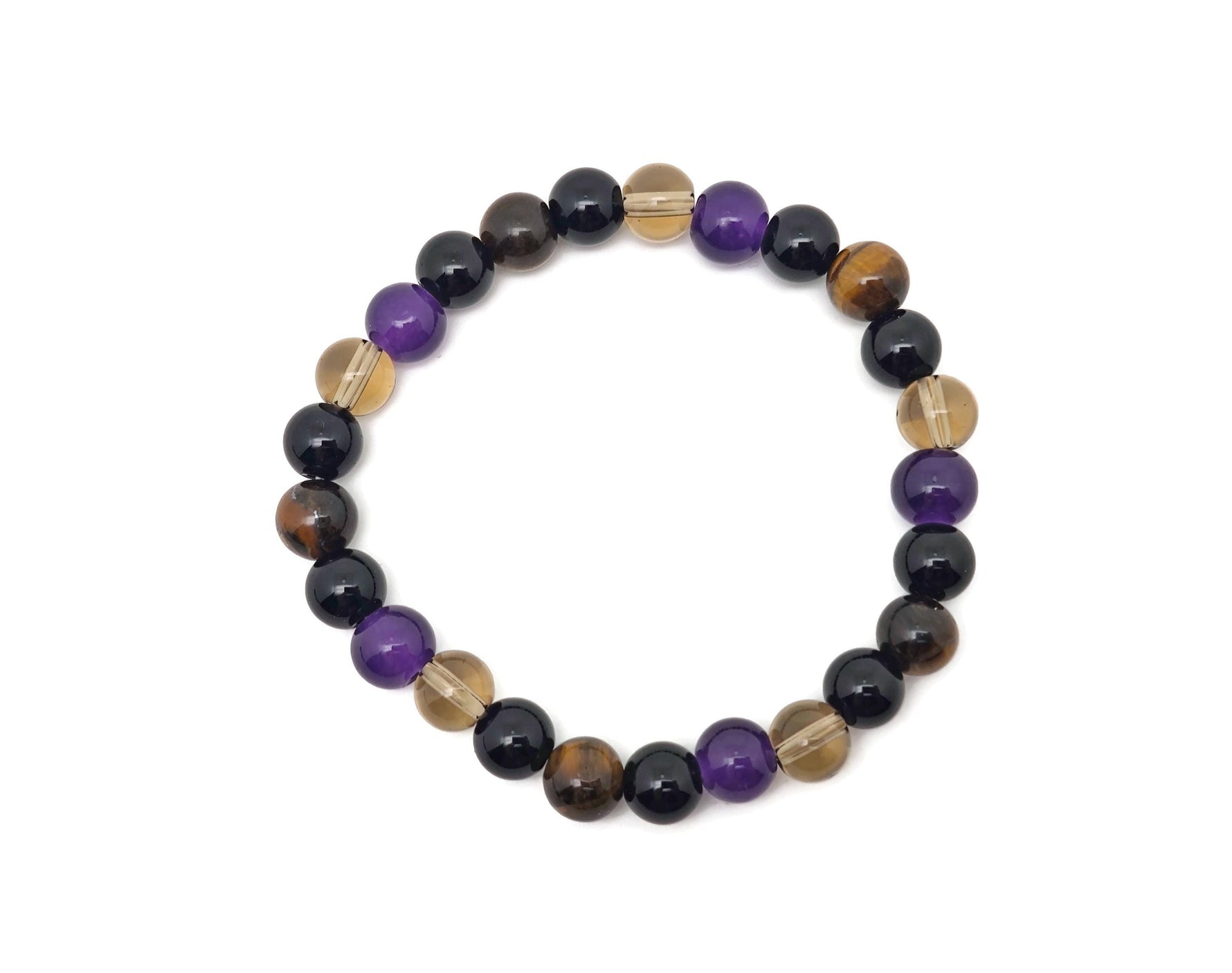 Handmade gemstone safety bracelet with colorful beads and adjustable cord, designed for positive energy and intention.