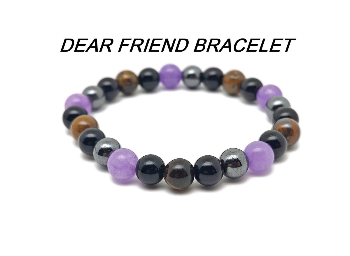 Handmade Dear Friend gemstone bracelet with colorful beads and adjustable cord, designed for intention and meaningful jewelry.