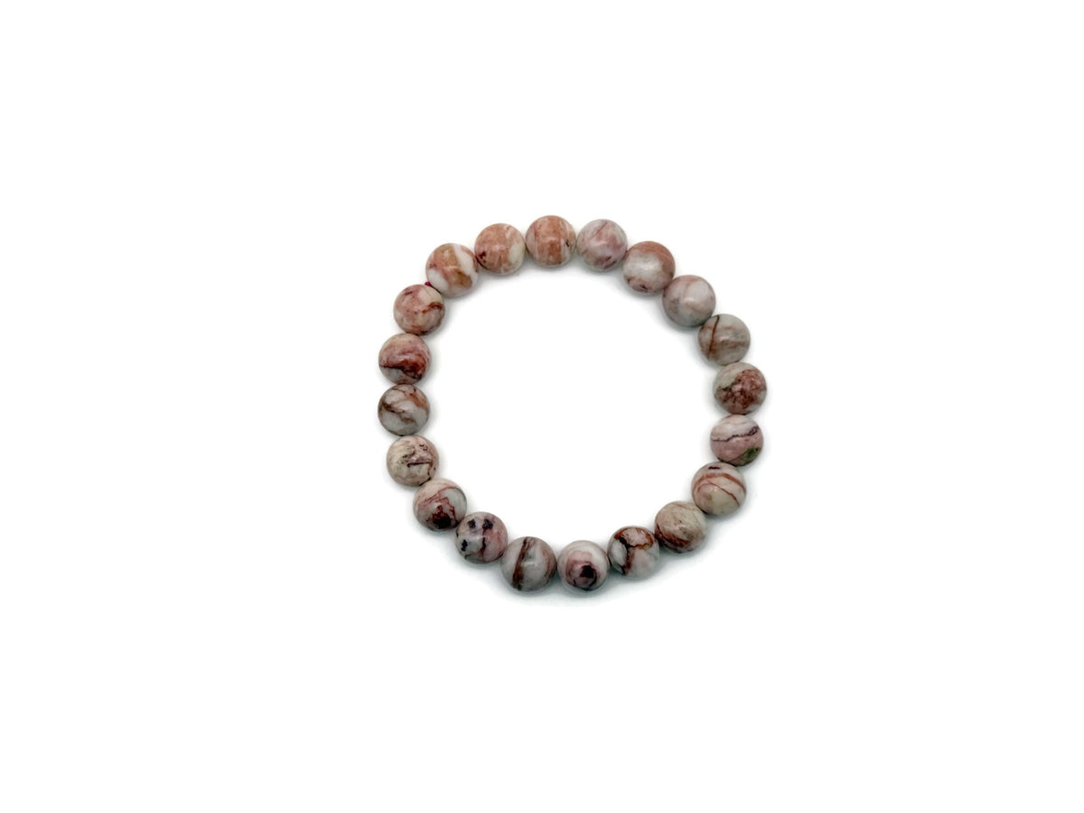 Dali Jasper beaded crystal bracelet for men and women with stretchy design and pork stone accents, by GemstoneGO.