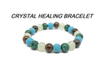 Handmade gemstone healing bracelet with colorful crystals on an elastic band, designed for intention and positive energy.