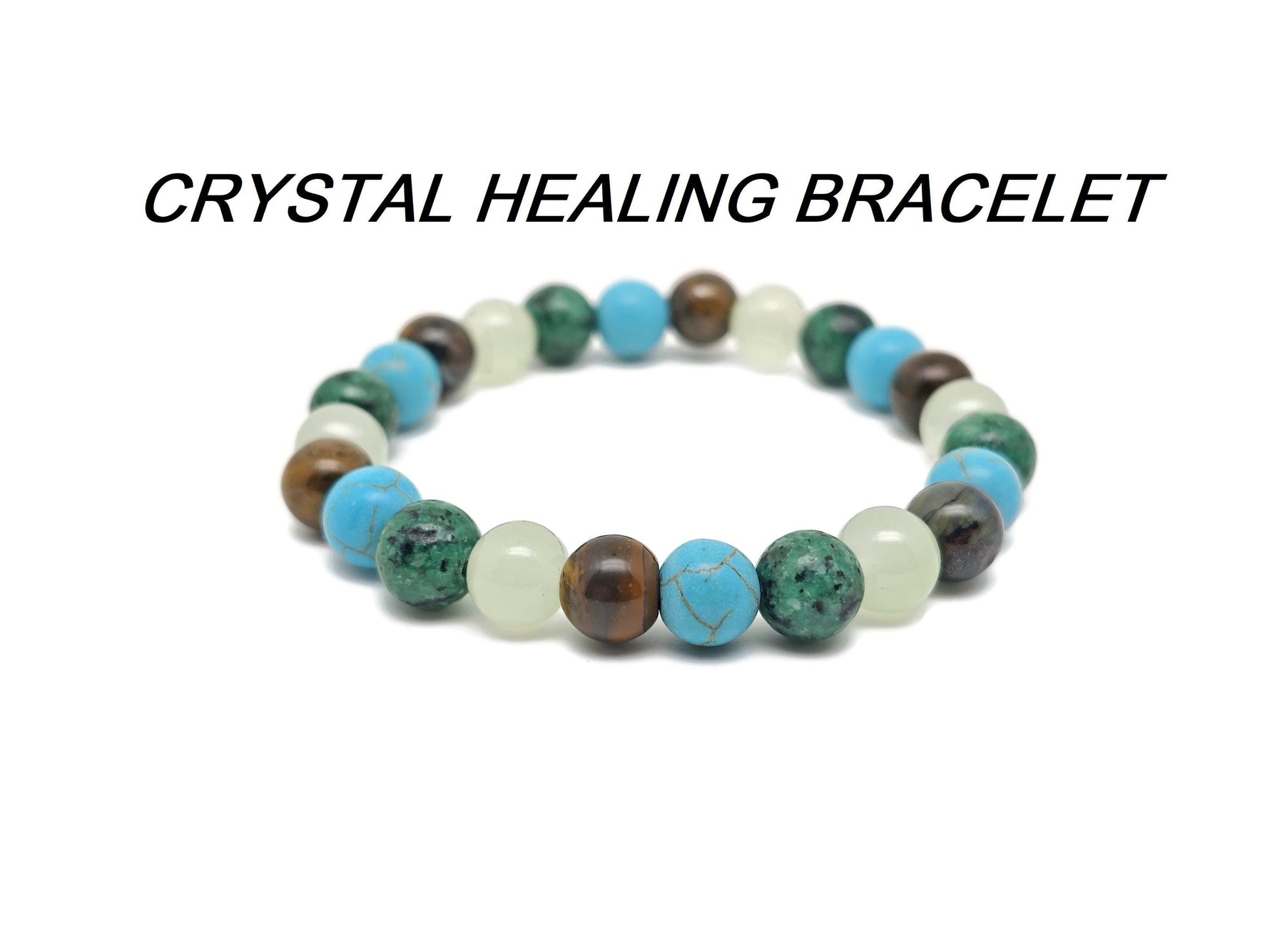 Handmade gemstone healing bracelet with colorful crystals on an elastic band, designed for intention and positive energy.