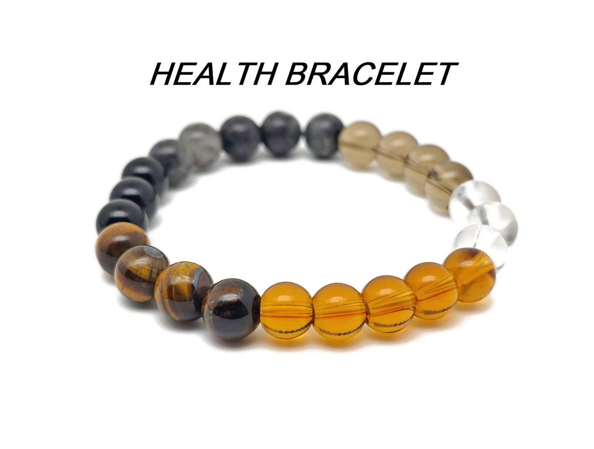 Handmade health gemstone bracelet with colorful beads and natural stones, designed for positive intentions and wellness.