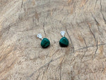Sterling silver Malachite heart stud earrings with vibrant green gemstone accents, showcasing elegant jewelry design.
