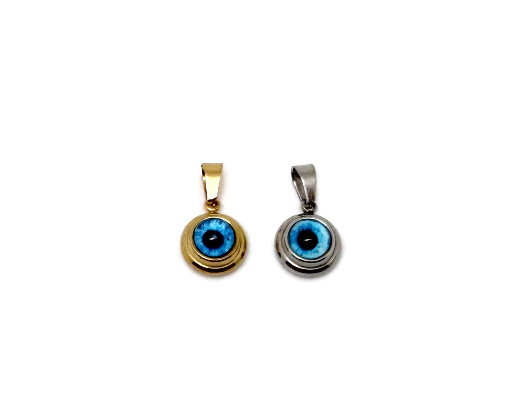 Gold and silver mini evil eye pendant with Nazar design from GemstoneGO, featuring protective blue and white accents.