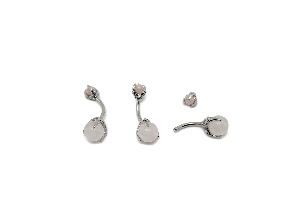 Rose quartz belly button ring with silver stainless steel, featuring a decorative navel piercing jewelry piece.