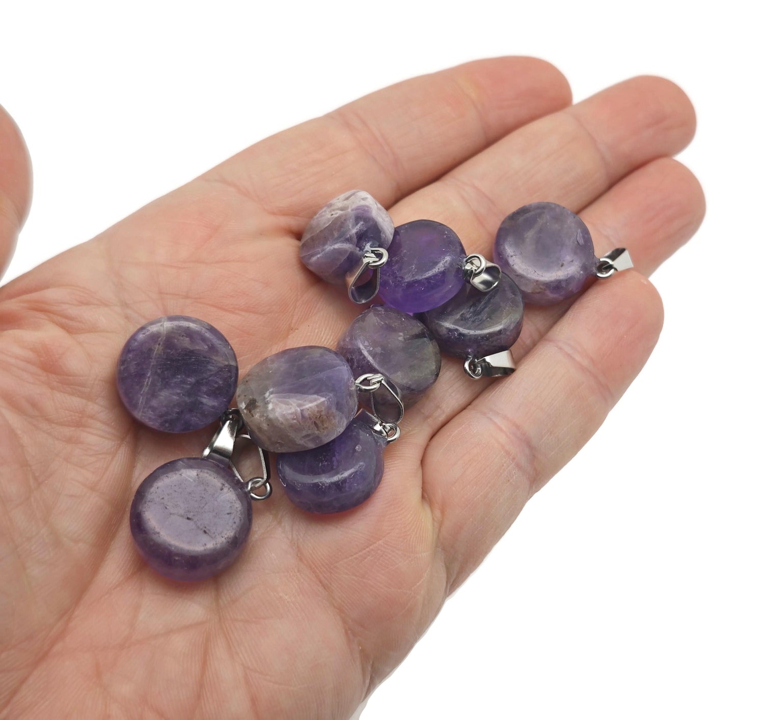 Amethyst Flat Round Gemstone Pendant - Crystal Round Coin - NC1684