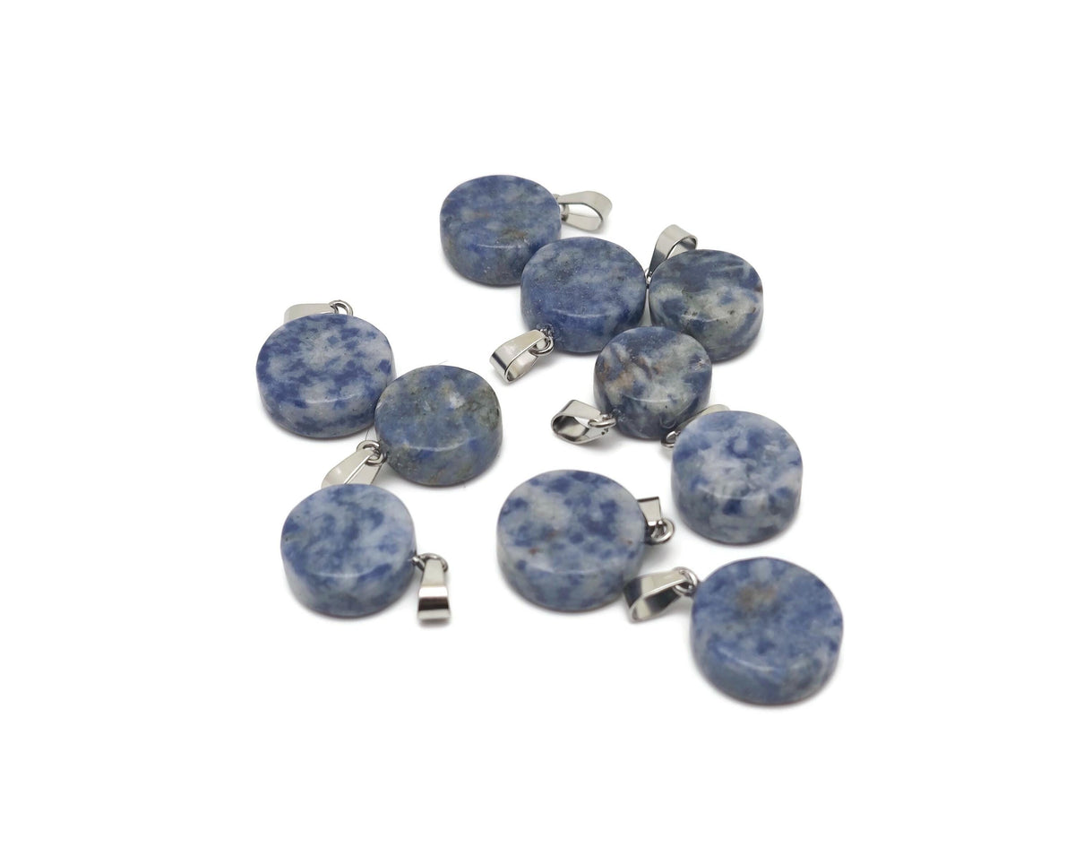 Sodalite flat round gemstone pendant with a smooth blue and white crystal coin design, crafted by GemstoneGO.