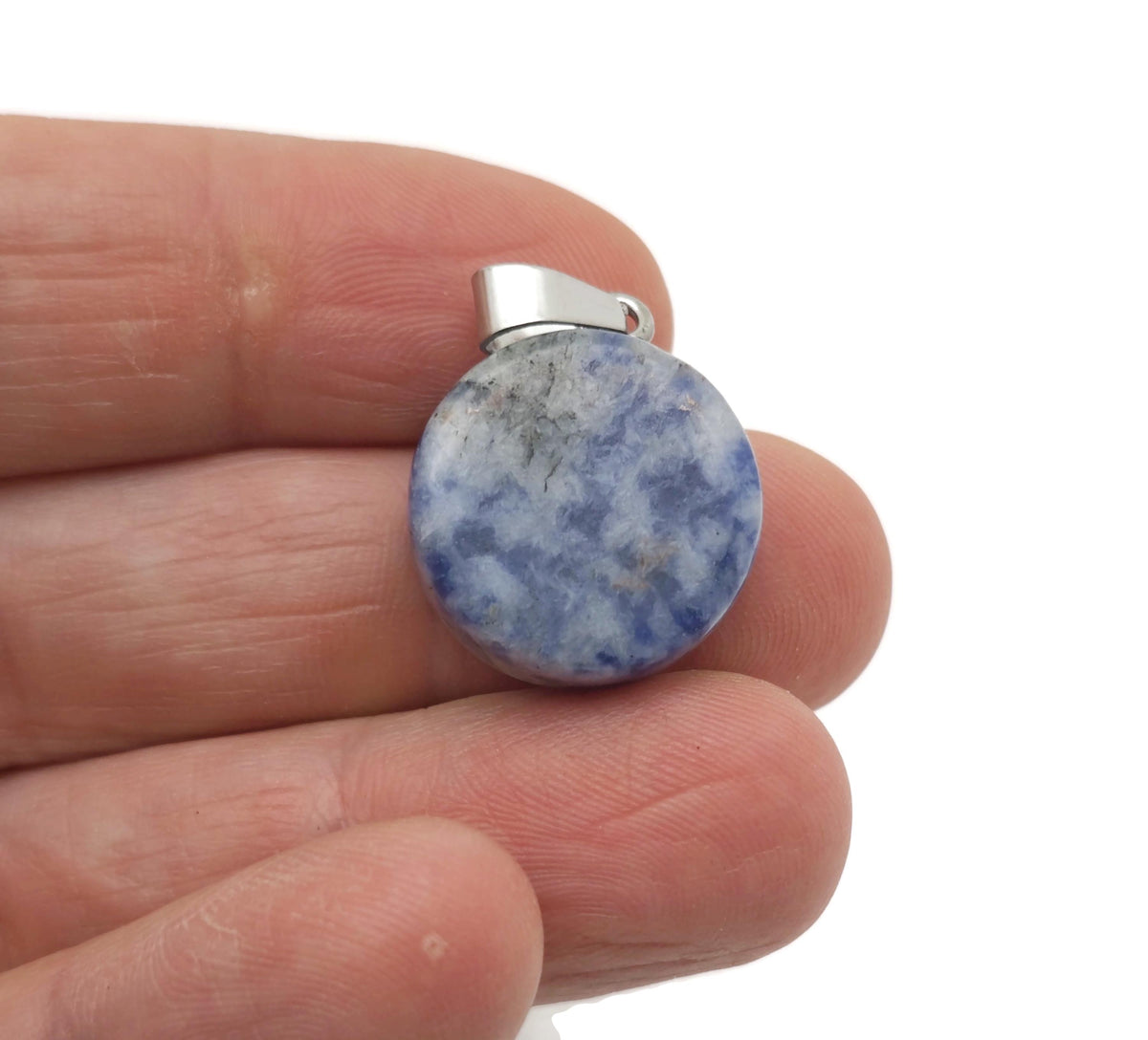Sodalite flat round gemstone pendant with a polished crystal coin shape, showcasing deep blue and white mineral patterns.