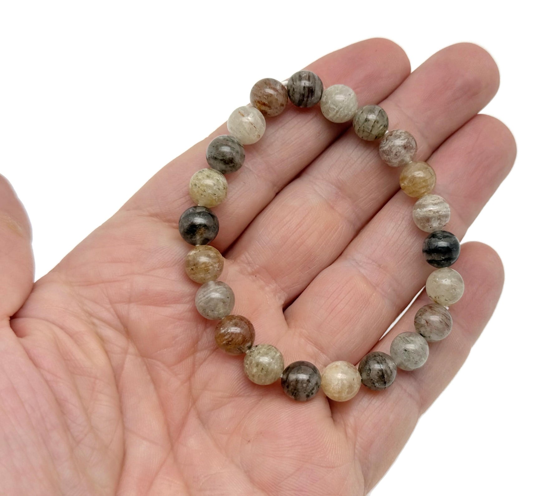 Stretchy men's and women's Garden Quartz beaded crystal bracelet with healing properties, featuring AA-grade crystals from GemstoneGO.