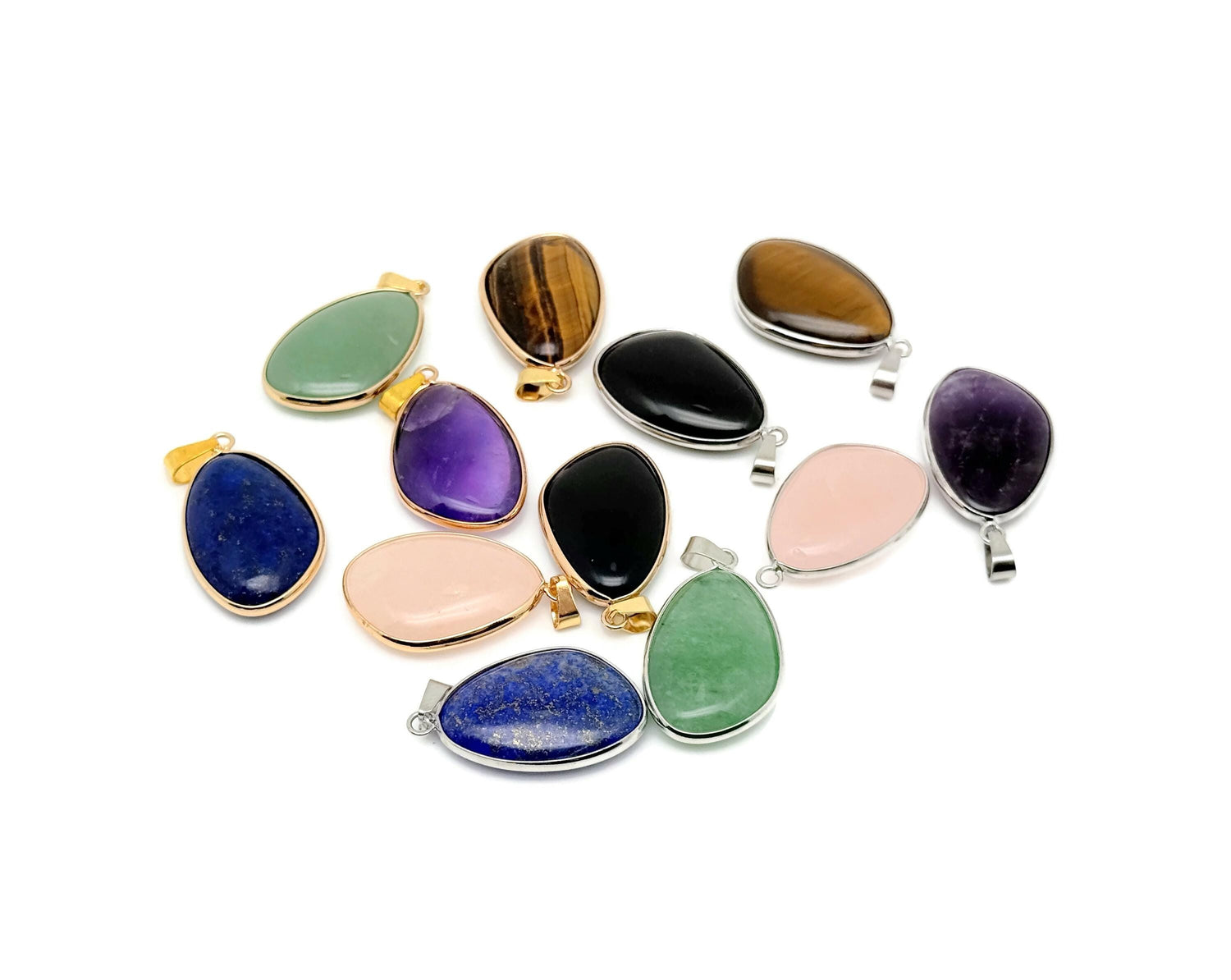 Dainty gemstone pendant from GemstoneGO featuring gold and silver crystals, birthstone charm, ideal for jewelry DIY projects.