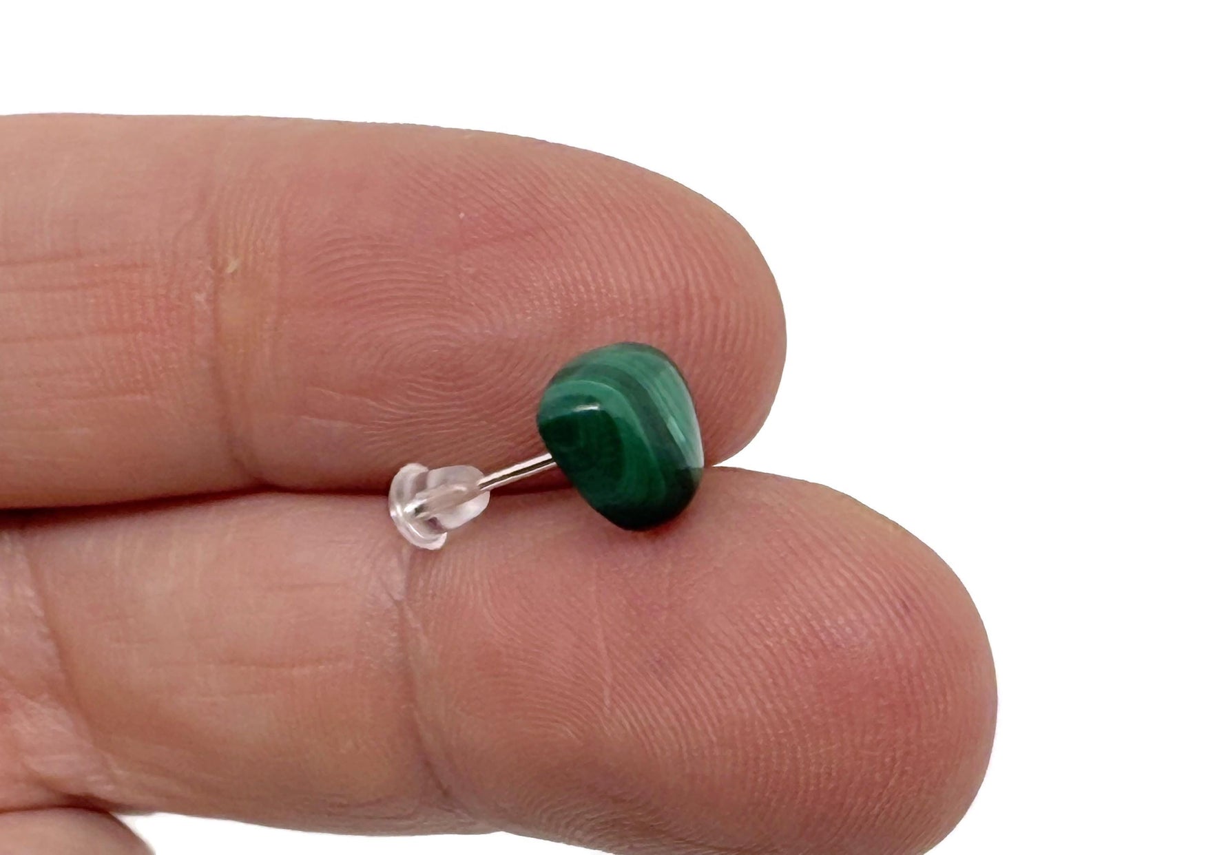 Sterling silver Malachite heart stud earrings with vibrant green gemstone, jewelry design by GemstoneGO.