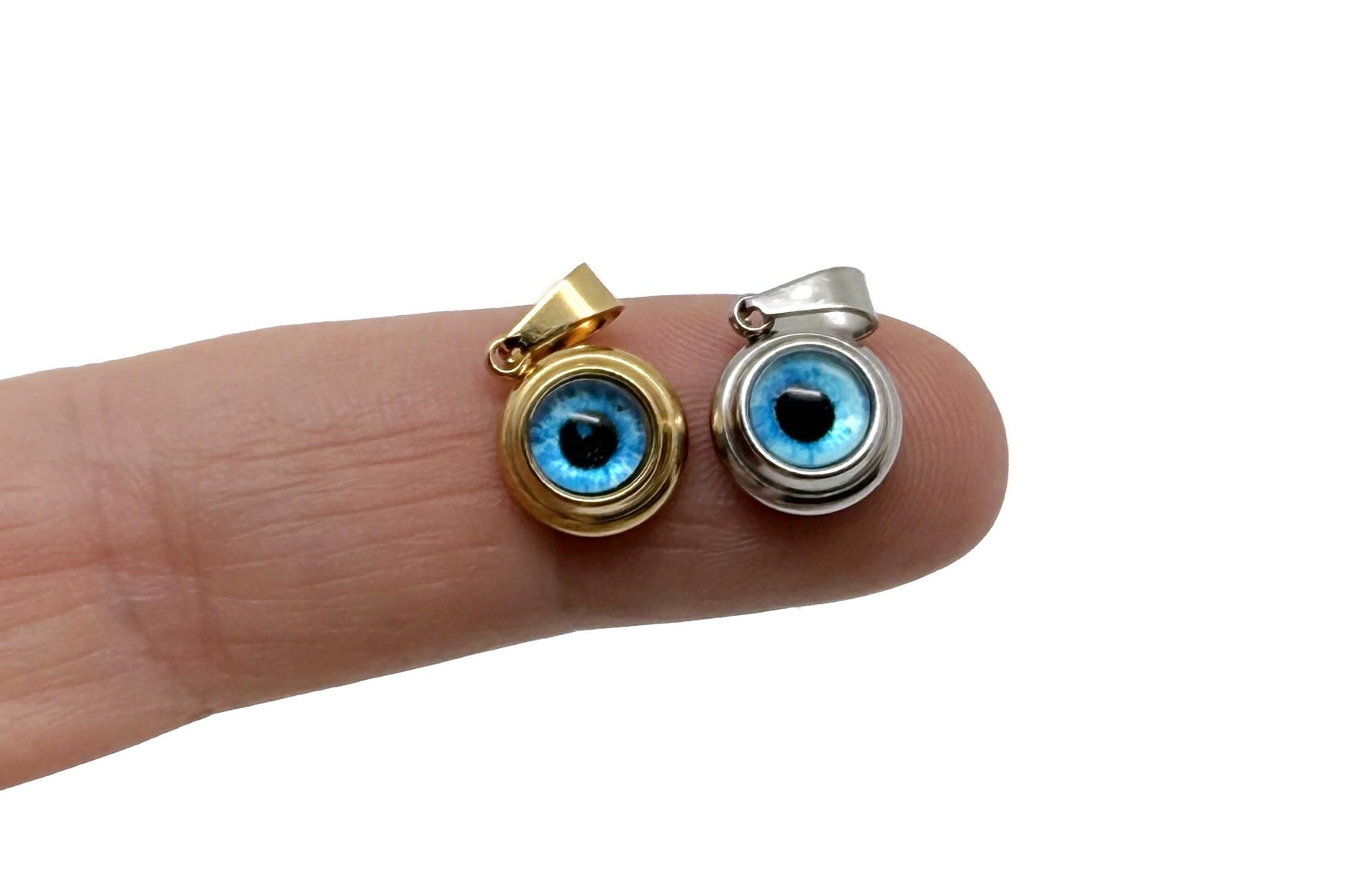 Gold and silver mini evil eye pendant featuring Nazar design, crafted by GemstoneGO, with intricate eye details on a chain.