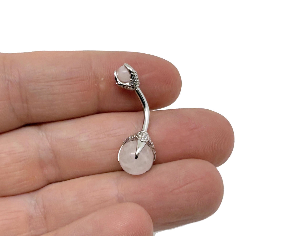 Rose quartz belly button ring with silver stainless steel, featuring a gemstone navel piercing jewelry design.