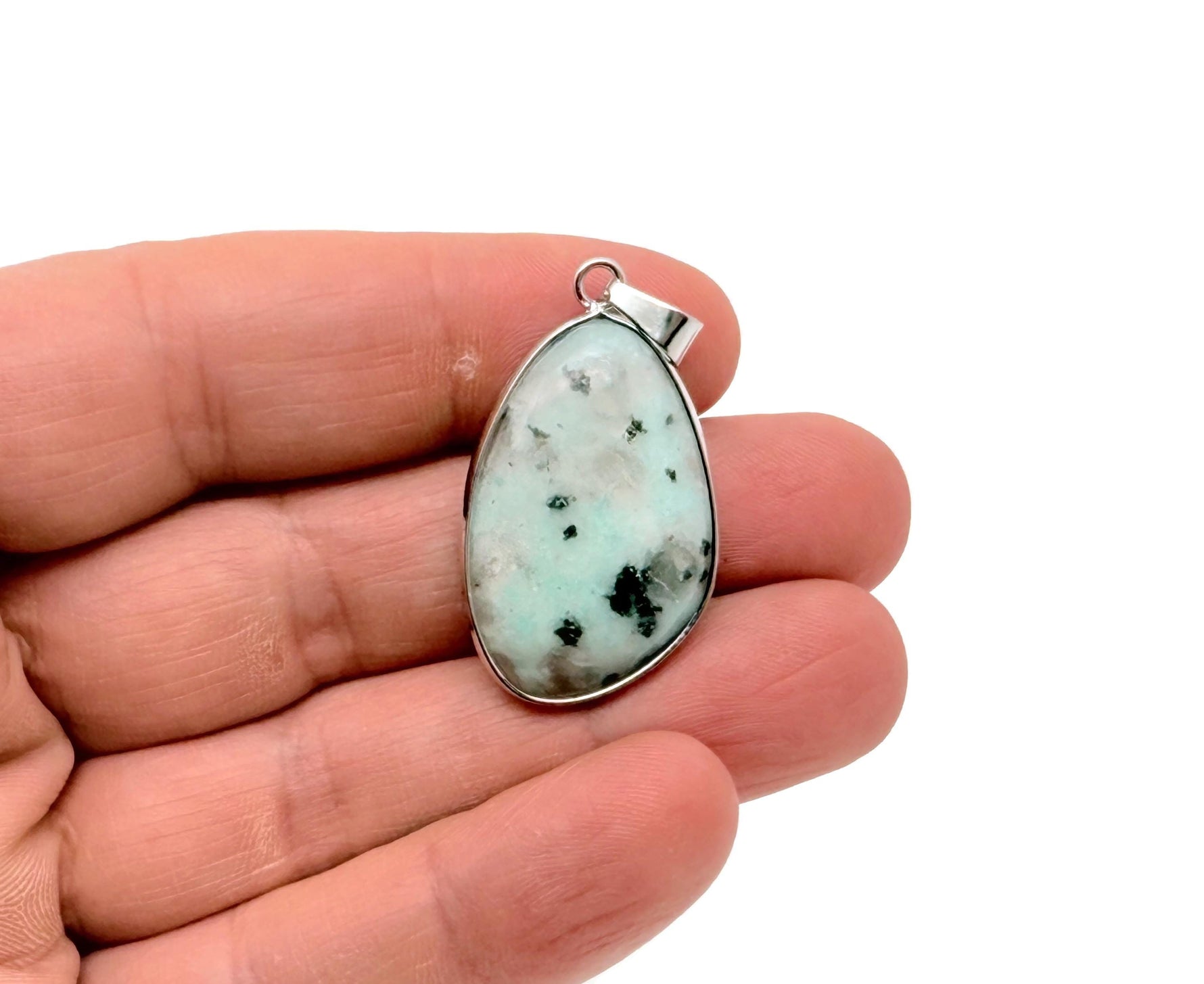Dainty Kiwi Jasper silver gemstone pendant with silver chain, featuring a polished green and brown oval stone for jewelry making.