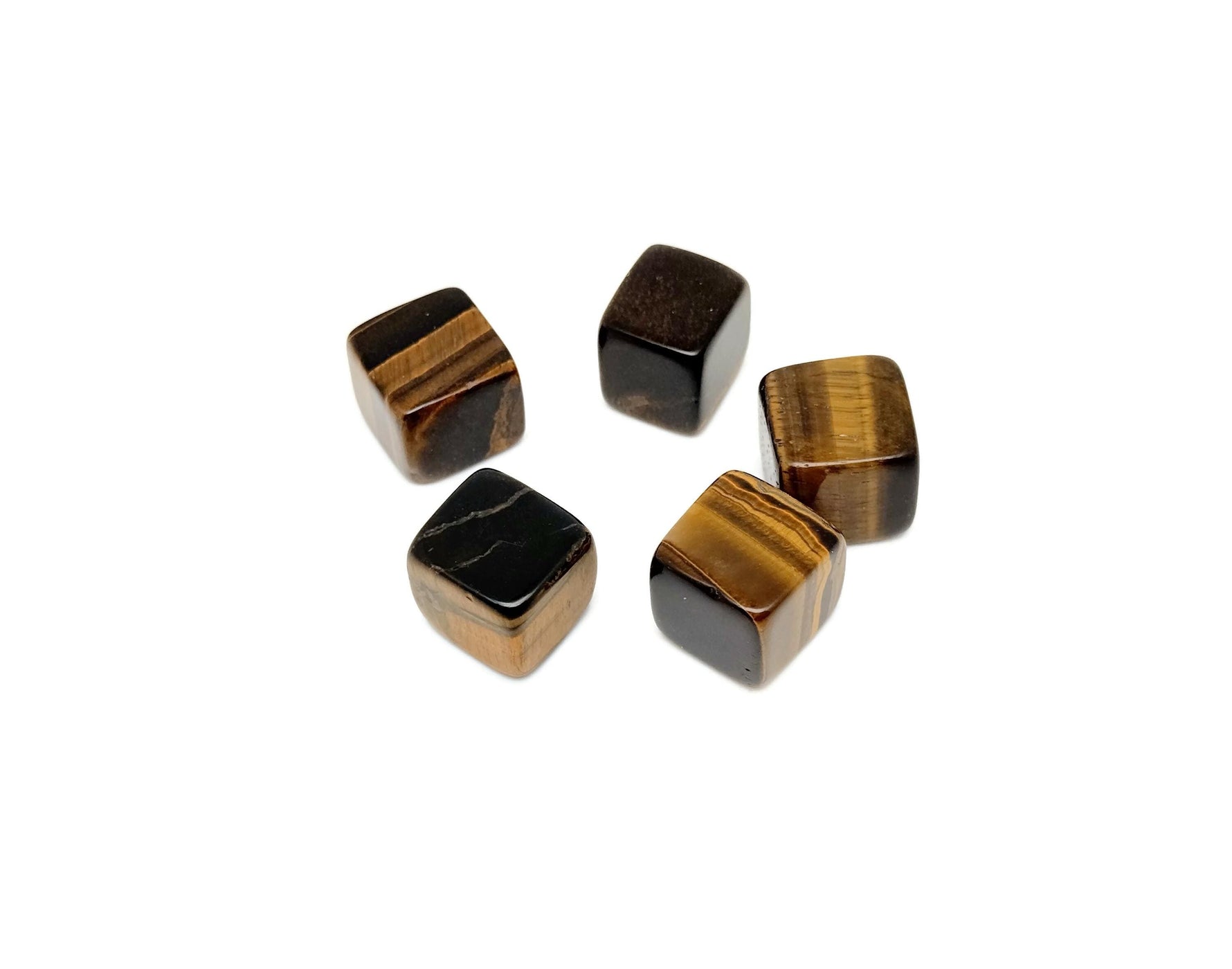 Handmade 16mm Tiger Eye cube gemstone from GemstoneGO, showcasing polished, carved stone with rich golden-brown hues.