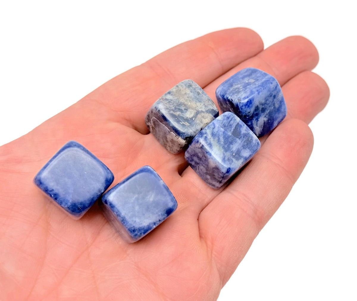 Handmade 16mm Sodalite cube stone with carved details, showcasing deep blue and white natural gemstone patterns.
