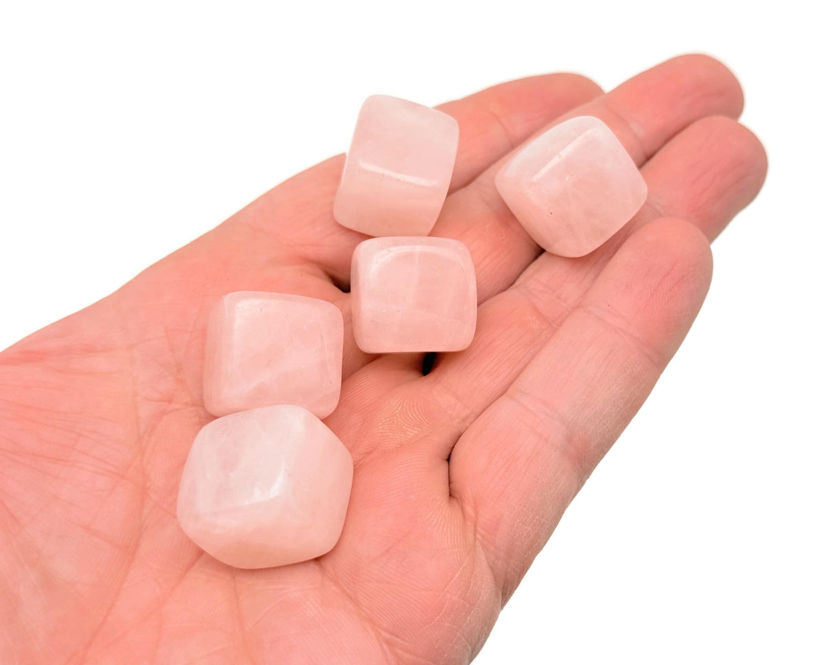 Handmade 16mm rose quartz cube stone, carved gemstone from GemstoneGO, displayed with natural pink hues and smooth facets.