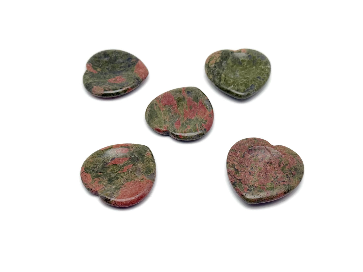 Unakite heart worry stone from GemstoneGO featuring a smooth, polished pink and green gemstone for calming energy and stress relief.