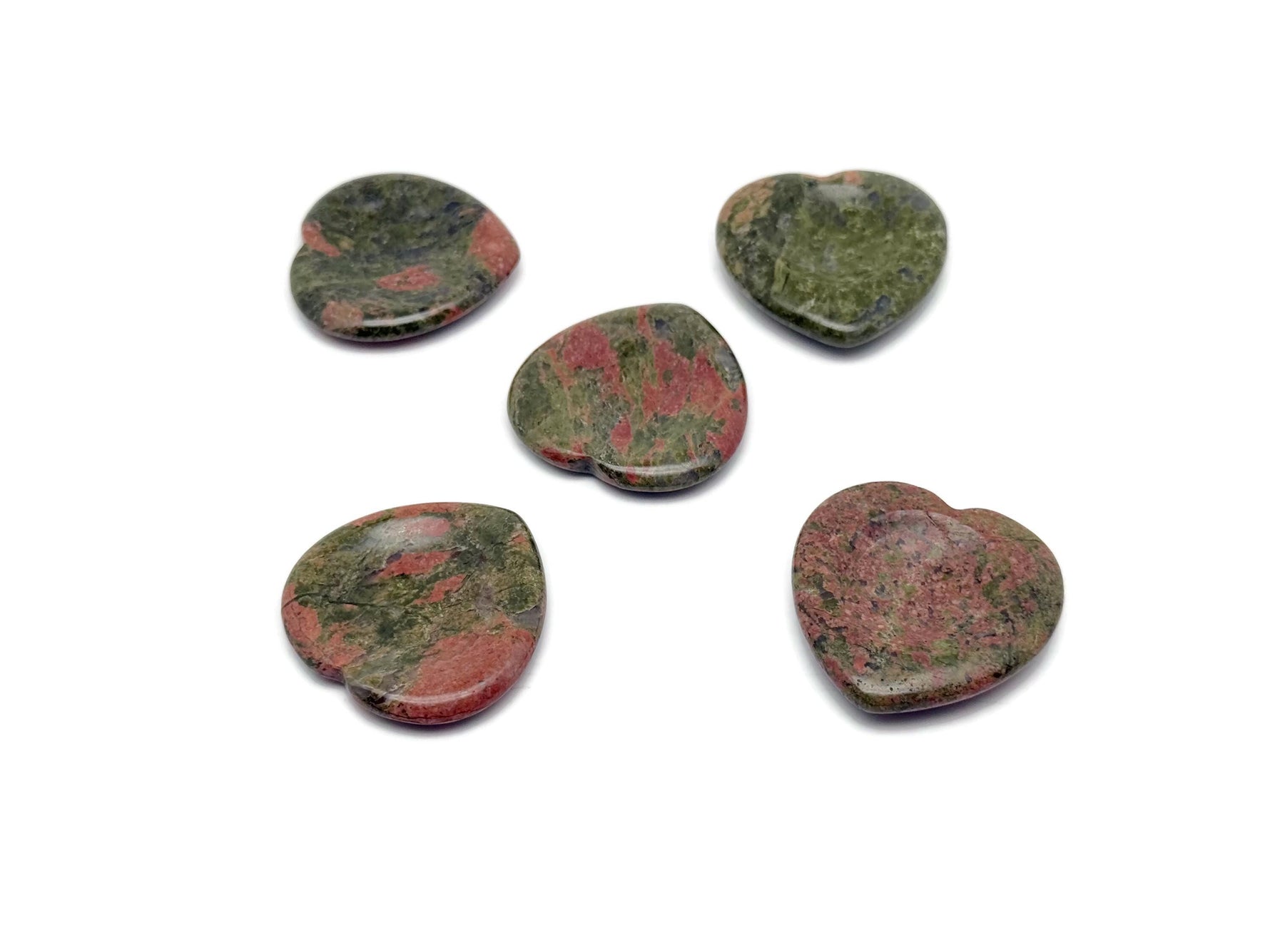 Unakite heart worry stone from GemstoneGO featuring a smooth, polished pink and green gemstone for calming energy and stress relief.