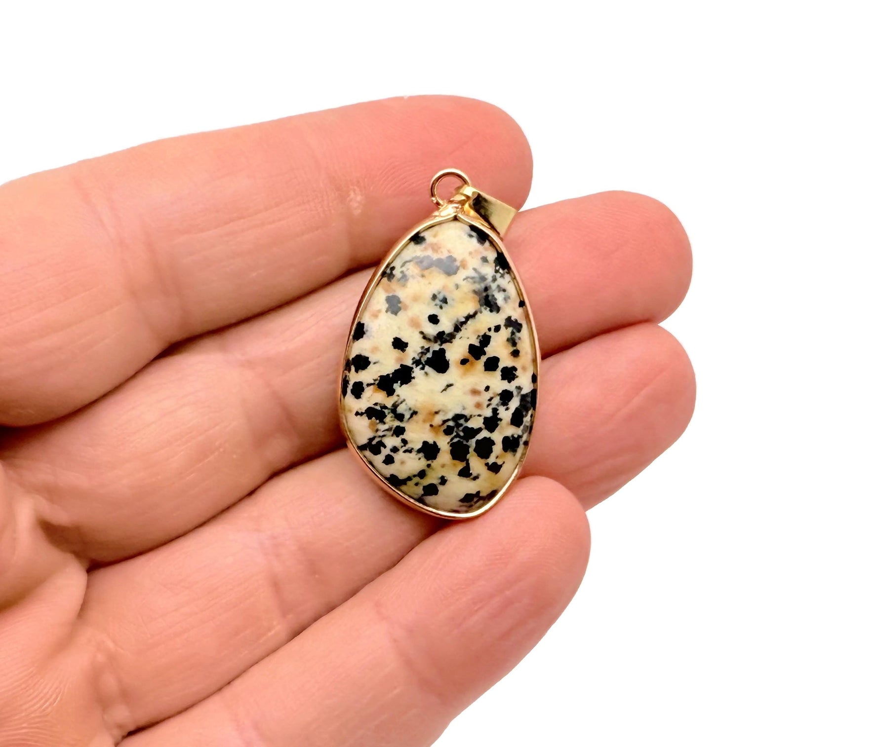 Dalmatian Jasper gold gemstone pendant featuring a dainty design, perfect for DIY jewelry charms by GemstoneGO.