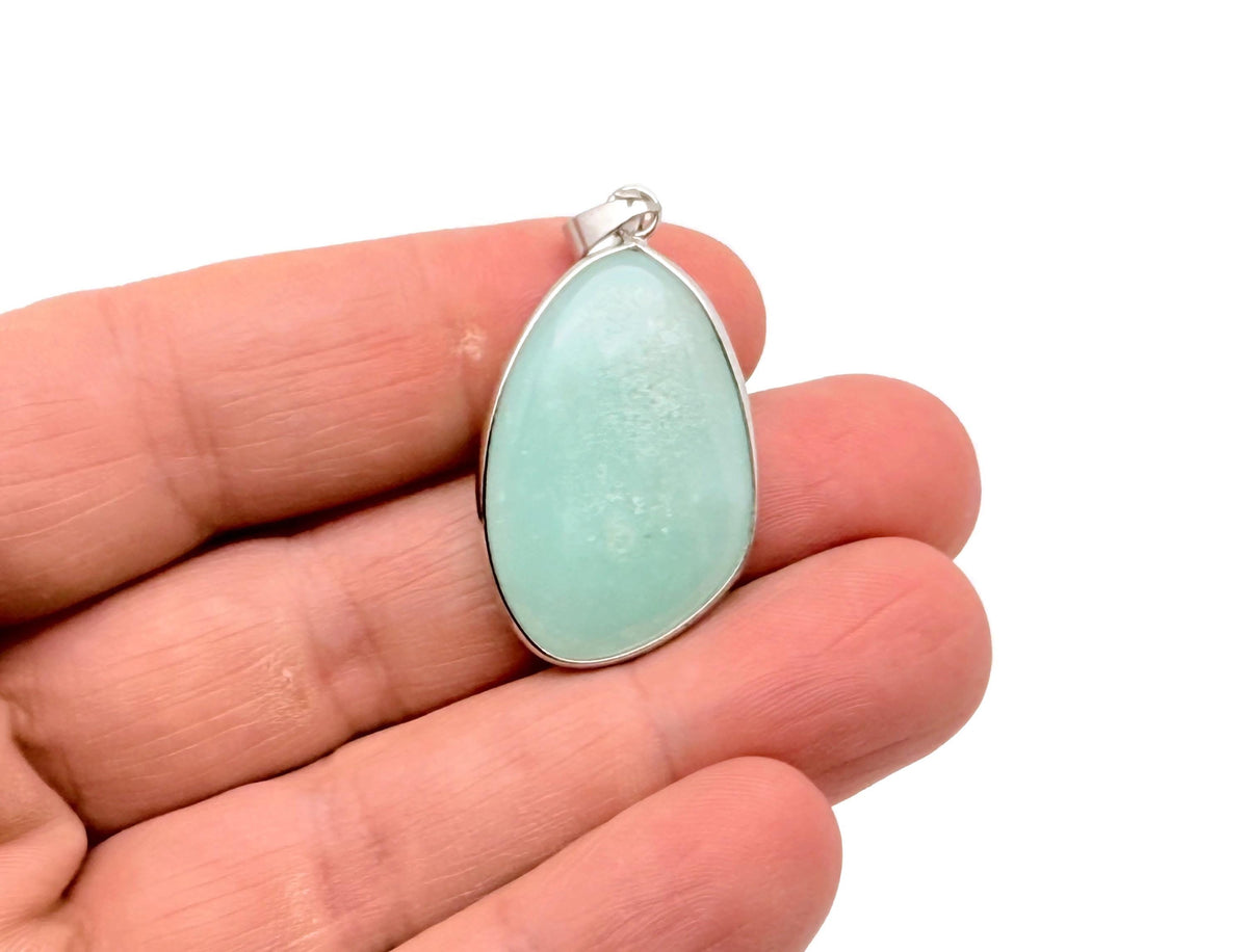Dainty Amazonite silver gemstone pendant with silver chain, showcasing natural blue-green stone for jewelry DIY crafts.