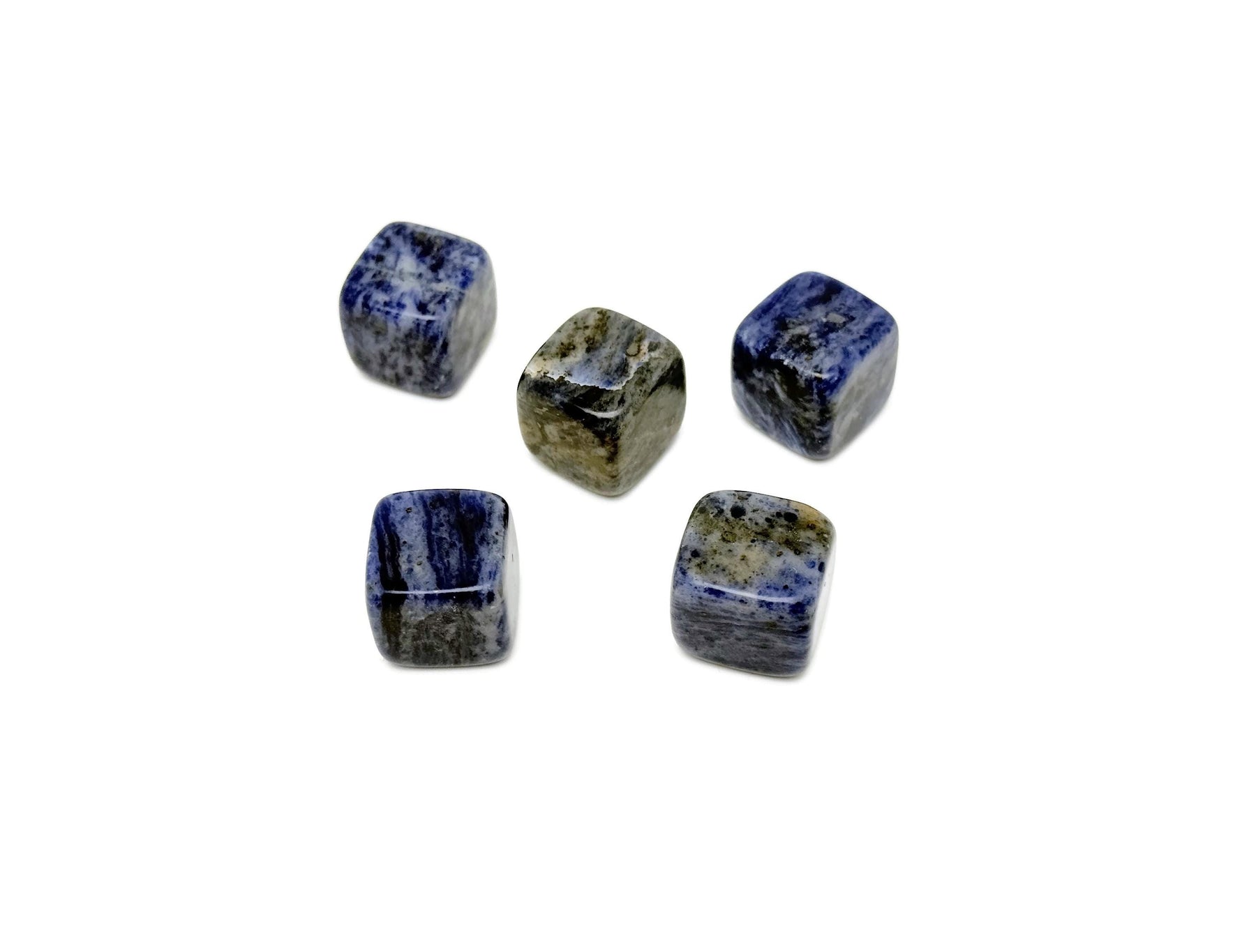 Handmade 16mm Sodalite cube gemstone from GemstoneGO, showing deep blue and white natural stone with carved details.