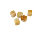 Handmade 16mm yellow jade cube stone with carved details, showcasing its smooth, polished surface and vibrant yellow color.
