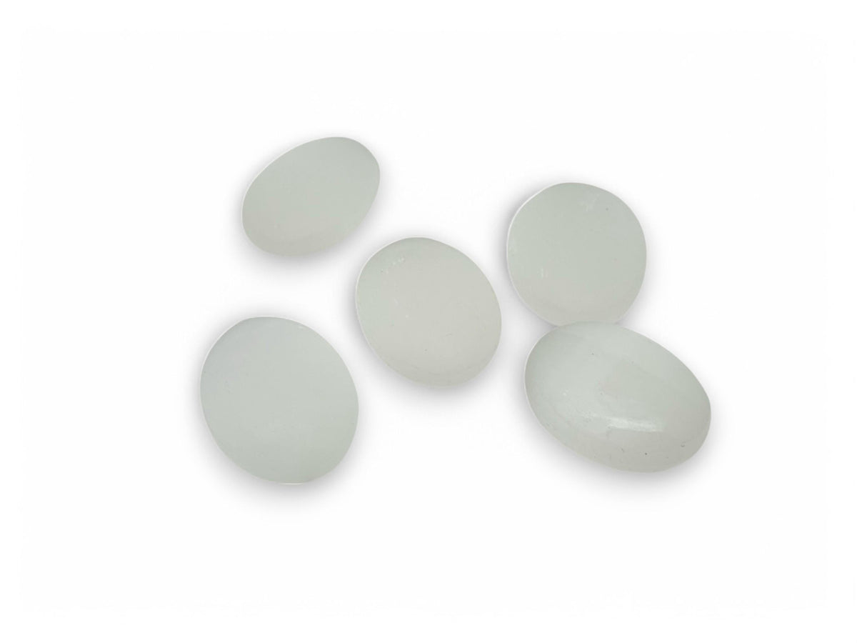 Selenite palm gemstone spa stone, 50mm, polished natural mineral for relaxation and meditation, displayed on a neutral background