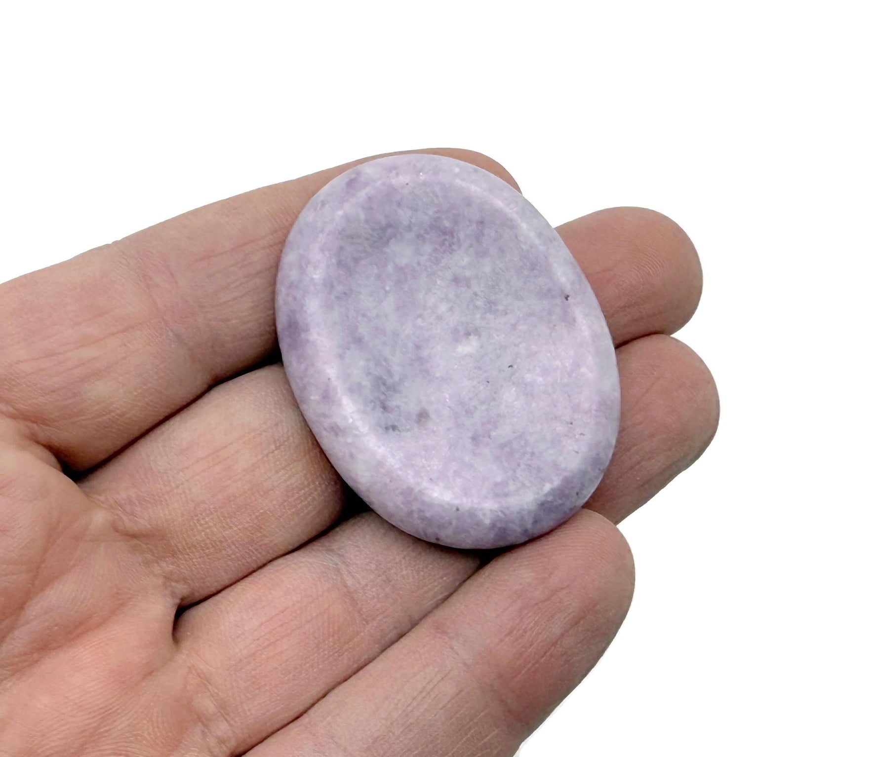 Lepidolite worry stone from GemstoneGO, 4.5x3.5cm soothing crystal with purple and gray tones, smooth polished surface.