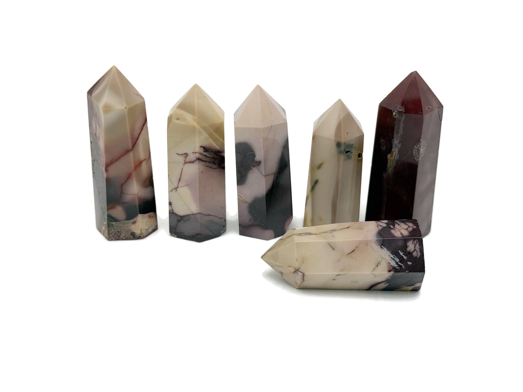 Mookaite Jasper obelisk tower crystal from GemstoneGO showcasing earthy red, yellow, and cream tones with a polished finish.