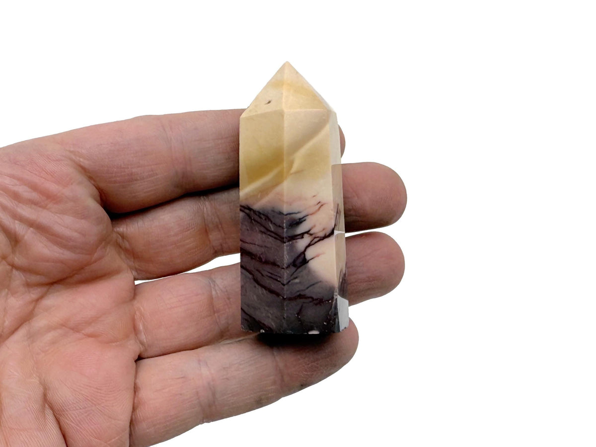 Mookaite Jasper obelisk tower crystal by GemstoneGO, showcasing warm earthy tones and polished surface on a white background.