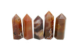Carnelian obelisk tower crystal from GemstoneGO, showing a vibrant orange gemstone with a pointed top and smooth polished surface.