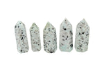 Kiwi Jasper obelisk tower crystal from GemstoneGO with green and brown natural stone patterns on a white background