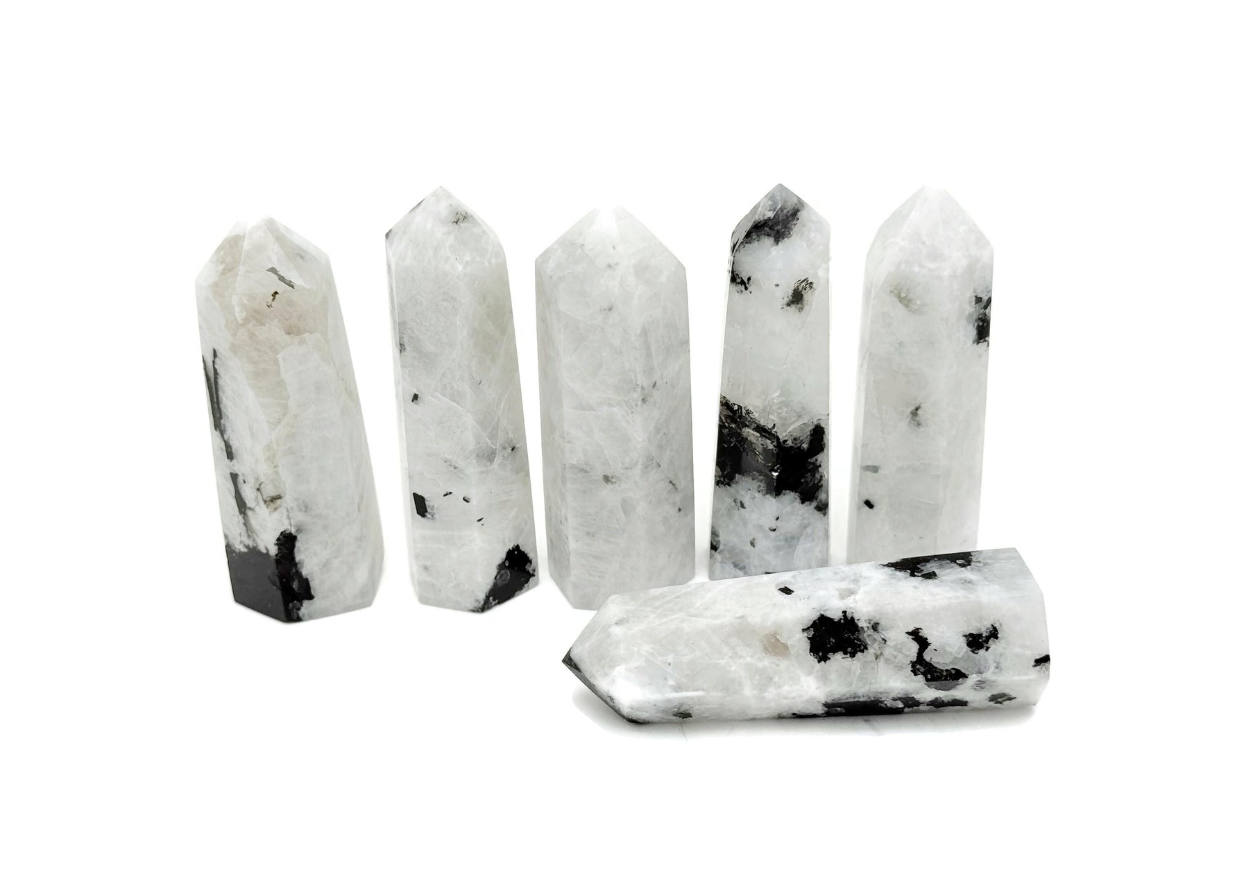 Rainbow Moonstone obelisk tower crystal from GemstoneGO, showcasing a luminous, polished gemstone with natural rainbow shimmer.
