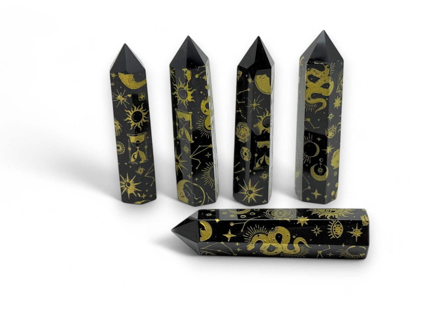 Gold Printed Moon Sun Obsidian Obelisk Tower Crystal - TW1107