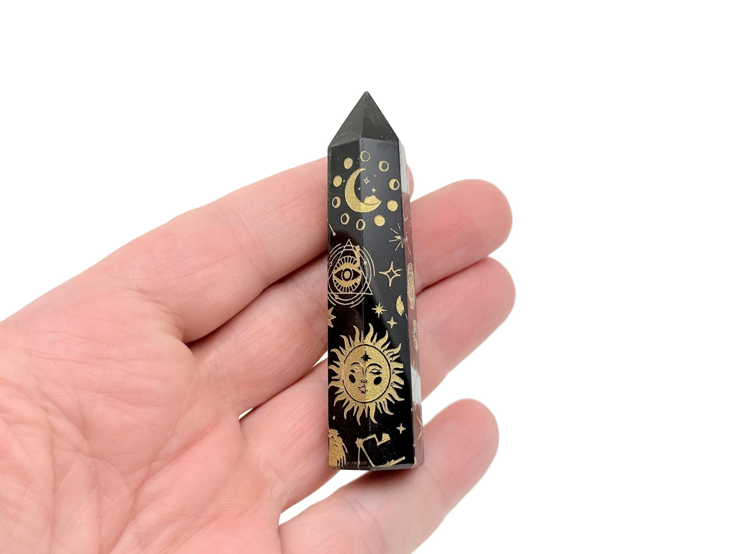 Gold Printed Moon Sun Obsidian Obelisk Tower Crystal - TW1107