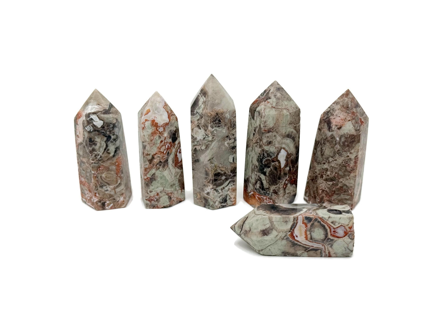 Leopard skin jasper obelisk tower crystal by GemstoneGO, featuring warm earthy tones and natural stone patterns.