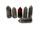 African Bloodstone obelisk tower crystal from GemstoneGO with deep green and red mineral details on a white background