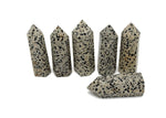 Dalmatian Jasper obelisk tower crystal from GemstoneGO, featuring black spots on beige stone with a pointed top.