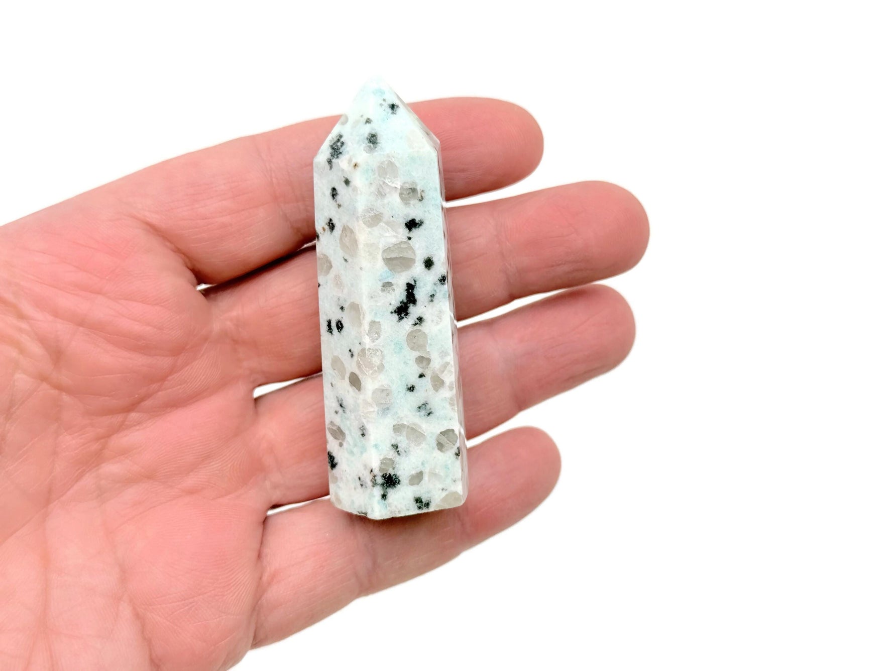 Kiwi Jasper obelisk tower crystal from GemstoneGO showcasing green and brown patterned stone on a white background.