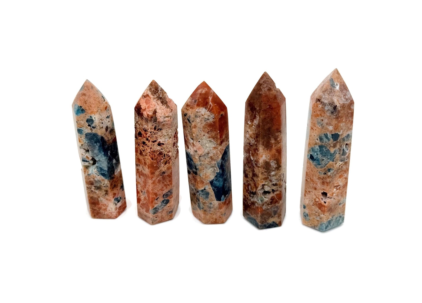 Sunstone and Blue Apatite obelisk tower crystal from GemstoneGO, showcasing vibrant orange and blue mineral formations.