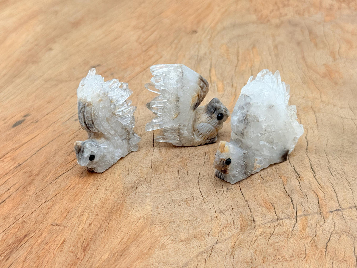 Squirrel-shaped quartz gemstone carving by GemstoneGO, detailed squirrel design in polished clear quartz stone.