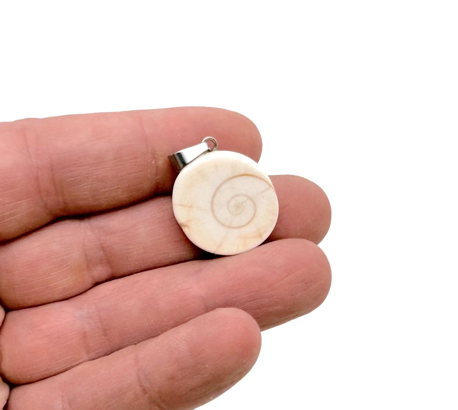Shiva Shell pendant from GemstoneGO featuring a polished gemstone with natural shell patterns and a silver bail.