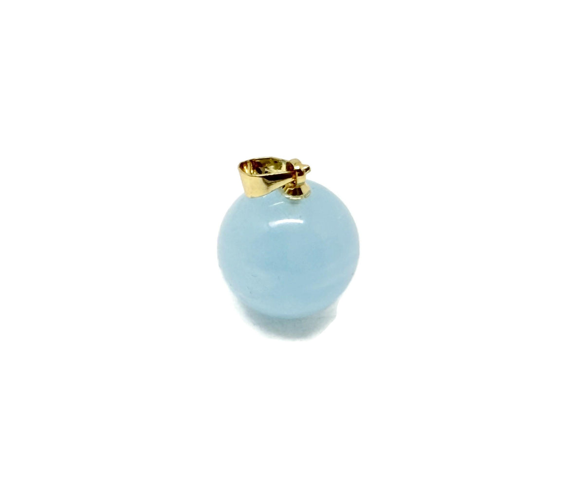 Aquamarine ball crystal pendant by GemstoneGO showing a smooth, round aquamarine gemstone with a silver bail on a white background.