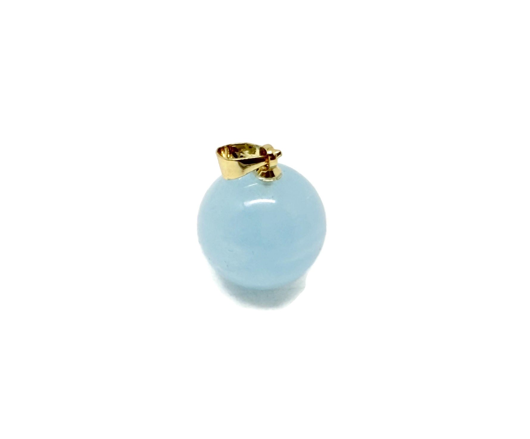 Aquamarine ball crystal pendant by GemstoneGO showing a smooth, round aquamarine gemstone with a silver bail on a white background.