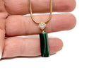Malachite cylinder crystal pendant on gold chain, gemstone jewelry for protection and power, by GemstoneGO.