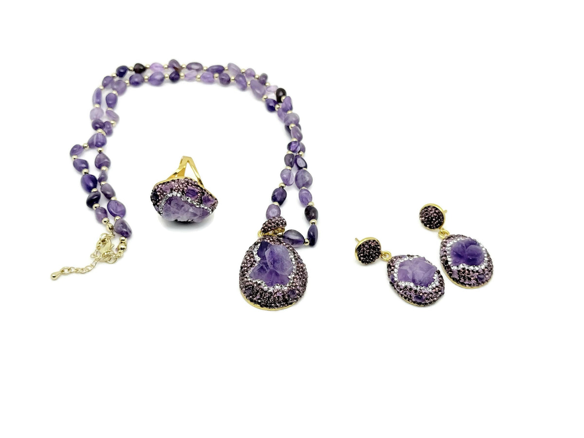 Handmade boho chic amethyst jewelry set featuring earrings and necklace from GemstoneGO, with polished purple amethyst stones.