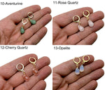Gold plated gemstone drop hoop earrings with minimalist design, featuring natural colorful gemstones from GemstoneGO.